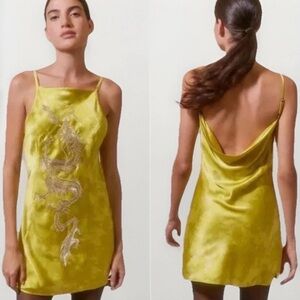 NWT Urban Outfitters Embroidered Dragon Yellow Satin Slip Dress with Size S